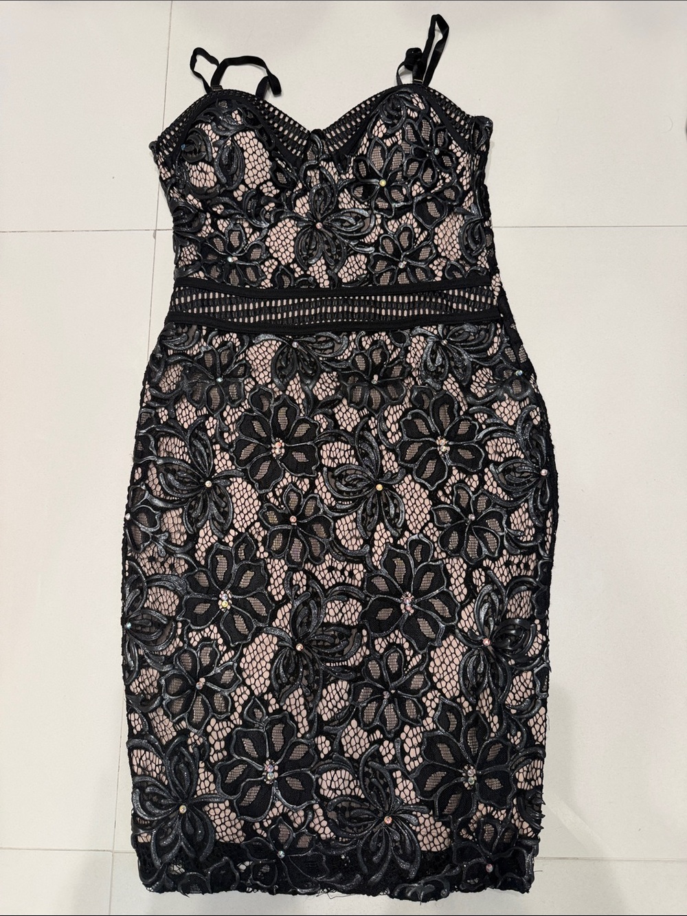 Black Floral Lace Mini Dress with Nude Underlay